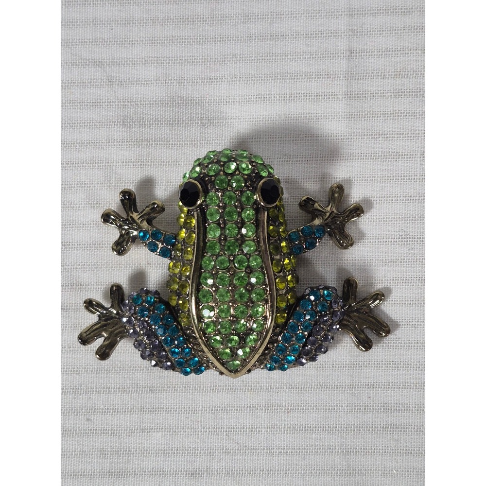 OPC CN Frog Brooch Multicolored Rhinestone Antiqued Gold Tone Animal Pin